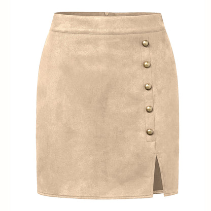 Solid Color Suede High Waist Metal Buckle Skirt