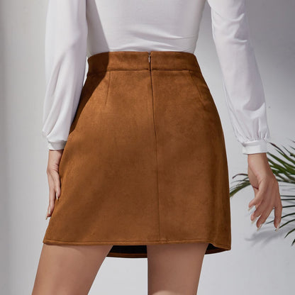 Solid Color Suede High Waist Metal Buckle Skirt