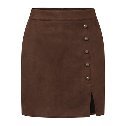 Solid Color Suede High Waist Metal Buckle Skirt