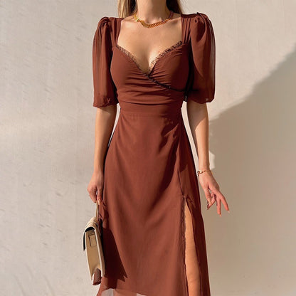 Female Slit Fashionable French Low Cut Dress