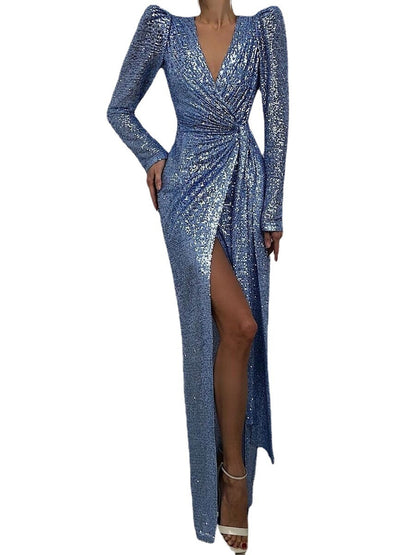 Sequined Slit Evening Gown