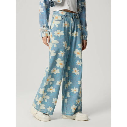 Vintage Flower Print Straight Jeans