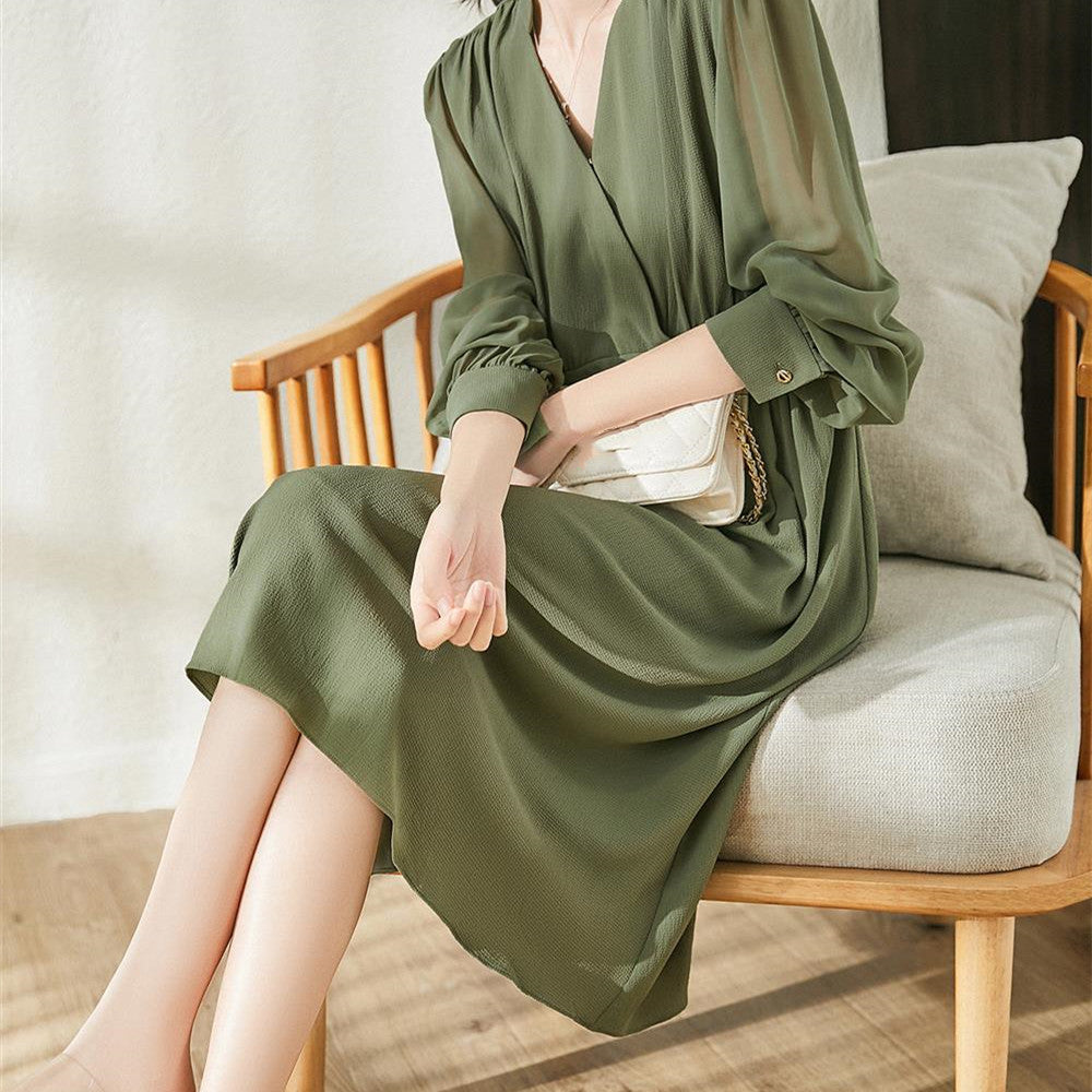 Waist Pleated Chiffon Bubble Long-sleeved Dress