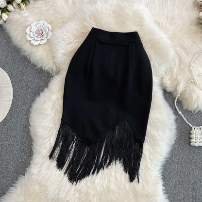 Stitching Tassel High Waist Irregular Pencil Skirt