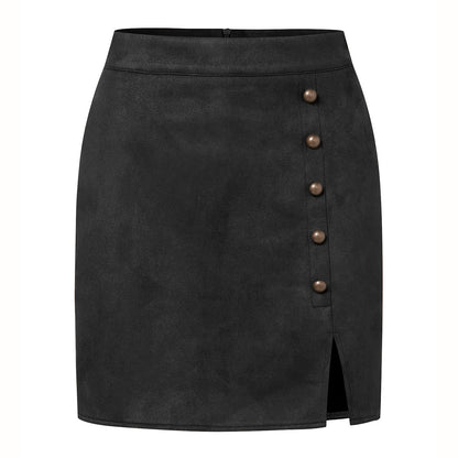 Solid Color Suede High Waist Metal Buckle Skirt