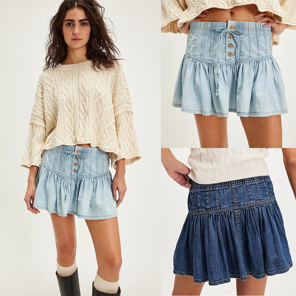 High Waist A- Line  Retro Denim Pleated Skirt