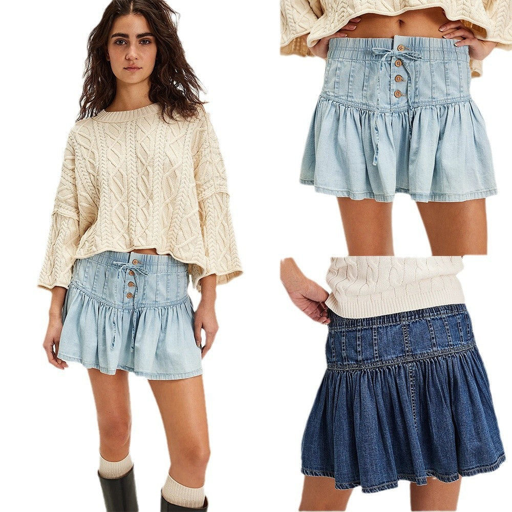 High Waist A- Line  Retro Denim Pleated Skirt