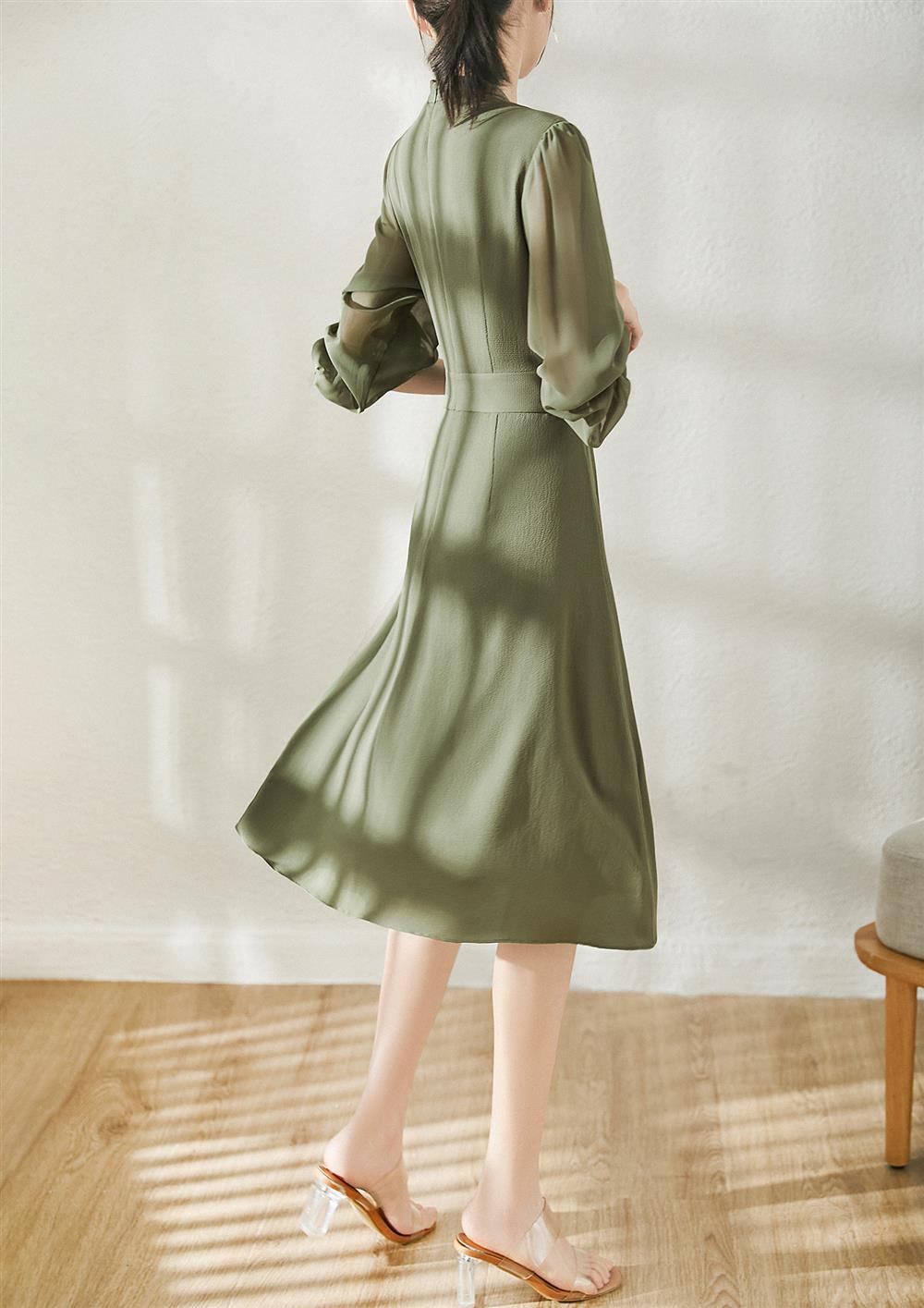 Waist Pleated Chiffon Bubble Long-sleeved Dress