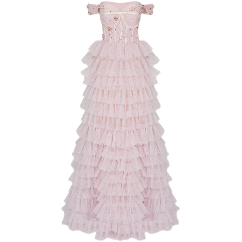 One-line Shoulder Wipe Cake Skirt Pink Dress