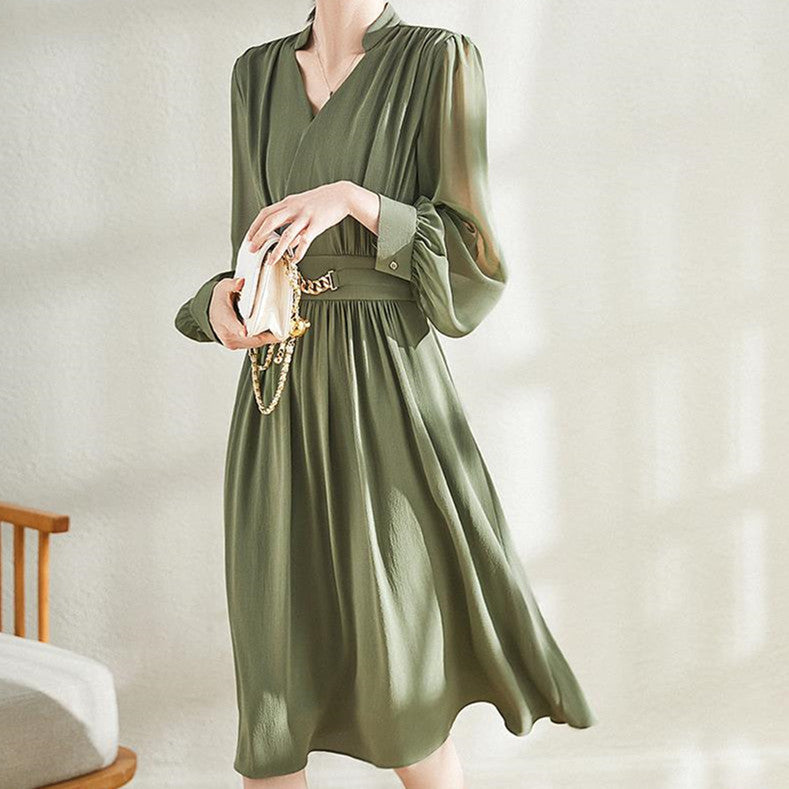 Waist Pleated Chiffon Bubble Long-sleeved Dress