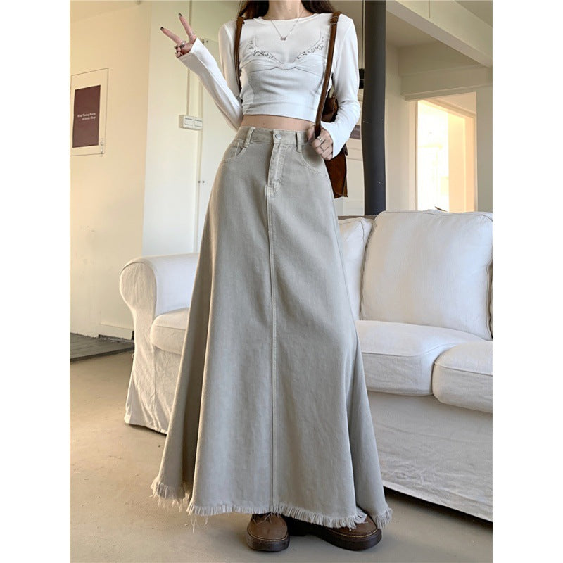 High Waist Retro Denim A- Line Skirt