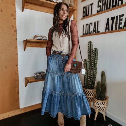 Bohemian A- Line Layered Denim Skirt