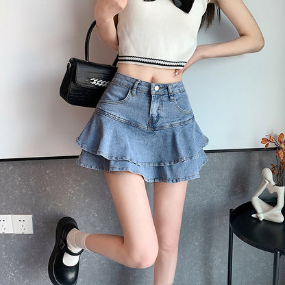 High Waist A- Line y Ruffled Denim Skirt