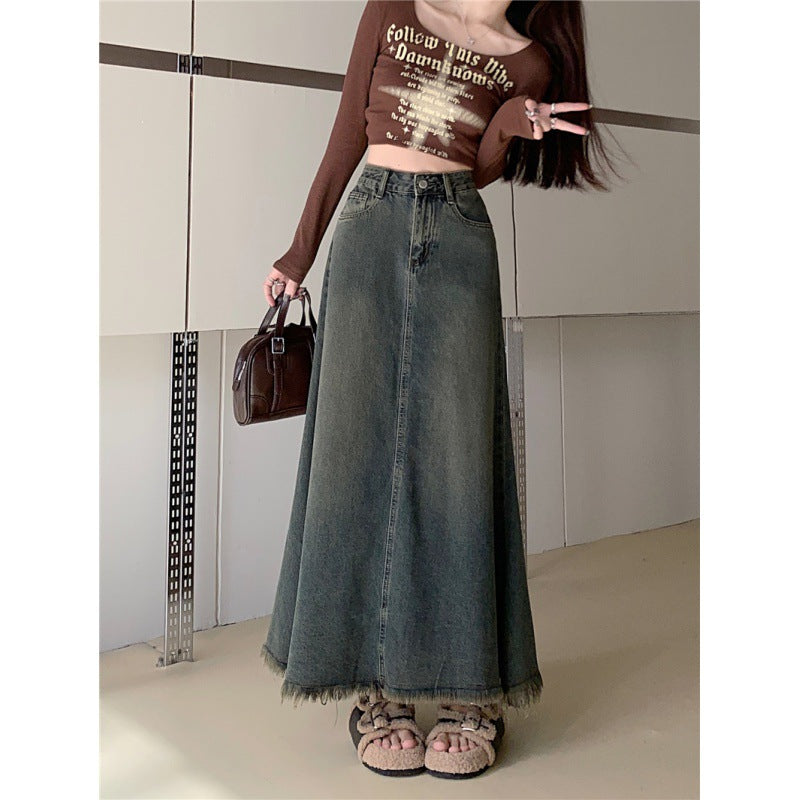 High Waist Retro Denim A- Line Skirt