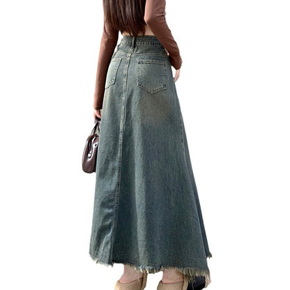 High Waist Retro Denim A- Line Skirt