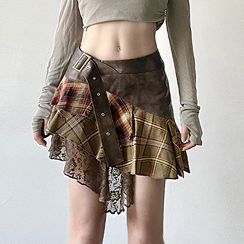 Retro  Plaid Color Contrast Patchwork Skirt