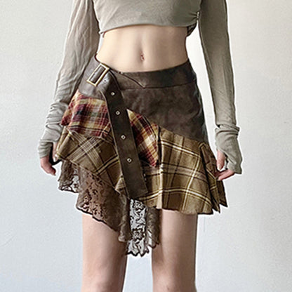 Retro  Plaid Color Contrast Patchwork Skirt