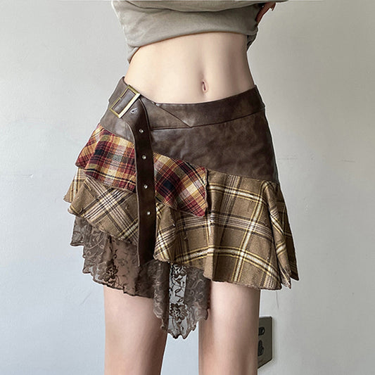 Retro  Plaid Color Contrast Patchwork Skirt