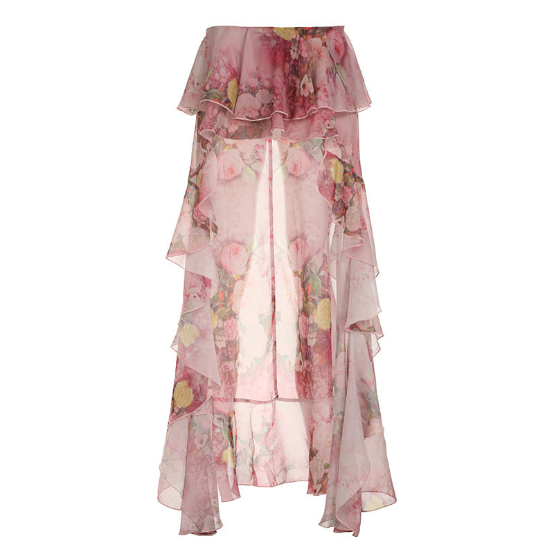 Floral Print Double-layer Irregular Mop Ruffled Skirt