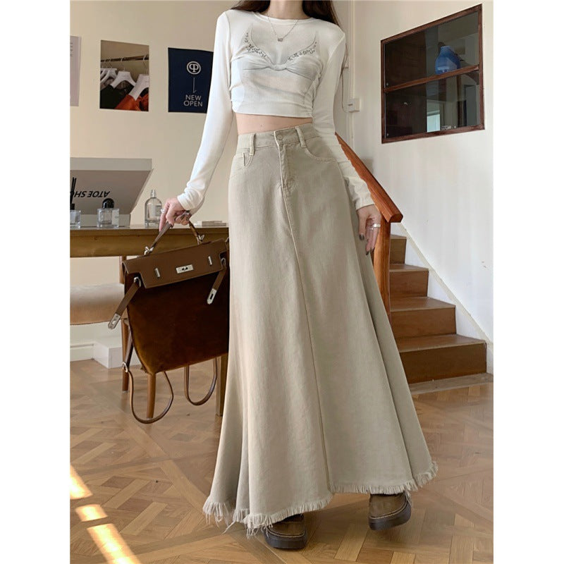 High Waist Retro Denim A- Line Skirt