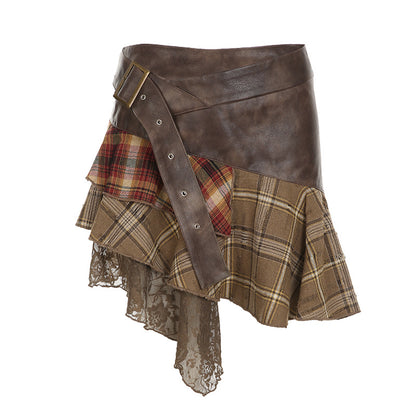 Retro  Plaid Color Contrast Patchwork Skirt