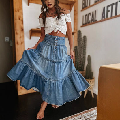 Bohemian A- Line Layered Denim Skirt