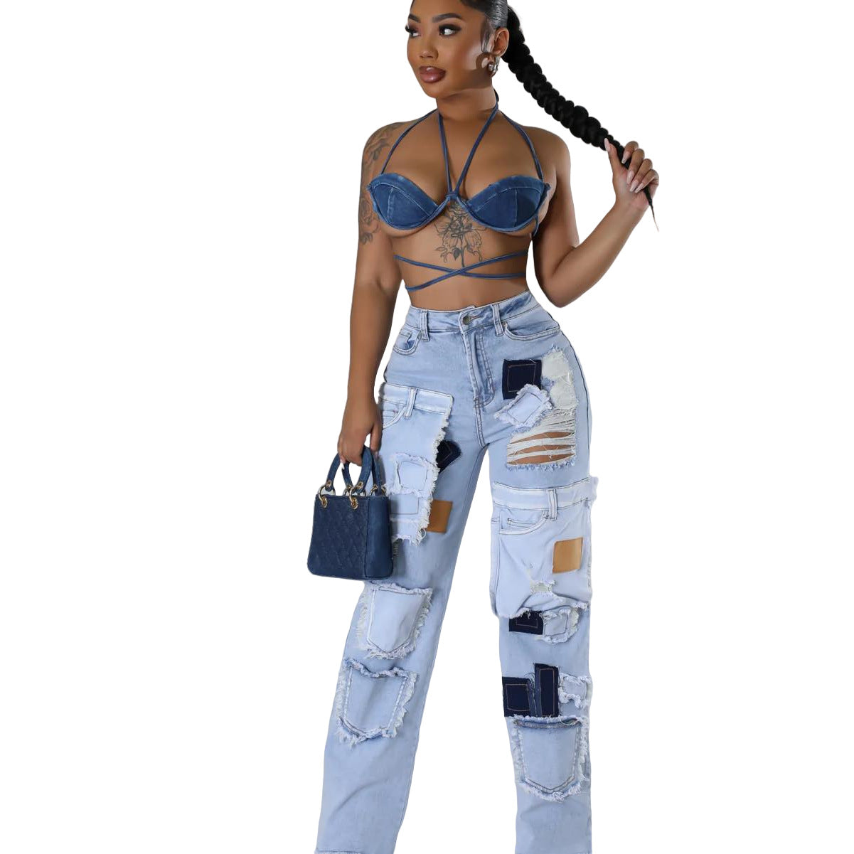 Casual Printed Patch Hole Denim Pants