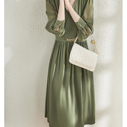 Waist Pleated Chiffon Bubble Long-sleeved Dress