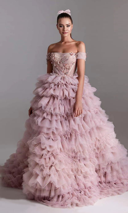 One-line Shoulder Wipe Cake Skirt Pink Dress