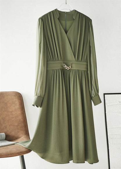 Waist Pleated Chiffon Bubble Long-sleeved Dress