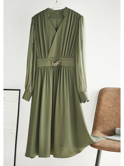 Waist Pleated Chiffon Bubble Long-sleeved Dress