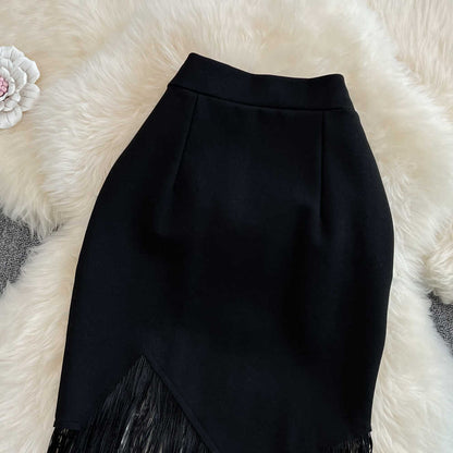 Stitching Tassel High Waist Irregular Pencil Skirt