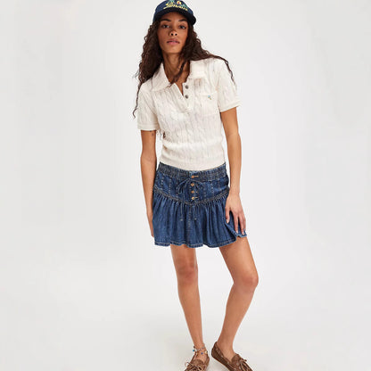 High Waist A- Line  Retro Denim Pleated Skirt